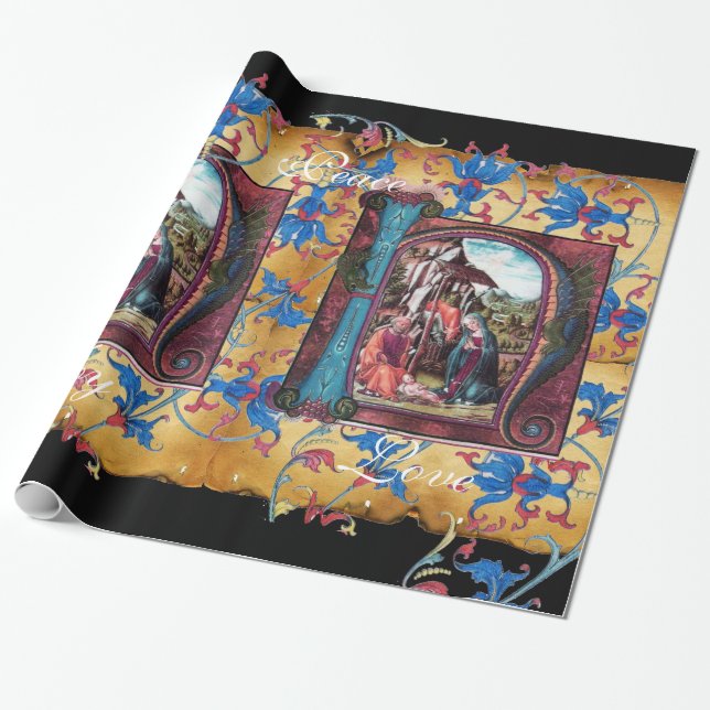 PAPIER CADEAU MONOGRAMME DE LA NATIVITÉ PARCHEMENT FLORAL DE NOË (Déroulé)