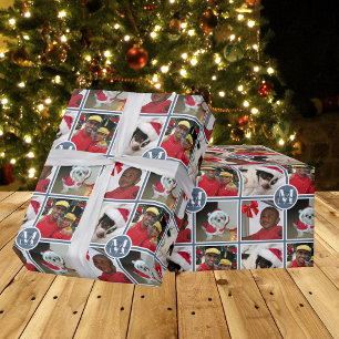 Papier Cadeau Monogramme de Noël bleu Créer votre propre photo