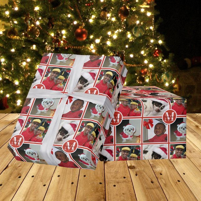 Papier Cadeau Monogramme de Noël Rouge Créer votre propre photo (Créateur téléchargé)