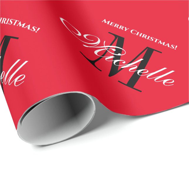 Papier Cadeau monogramme de nom rouge élégant personnalisé Joyeu (Coin rond)