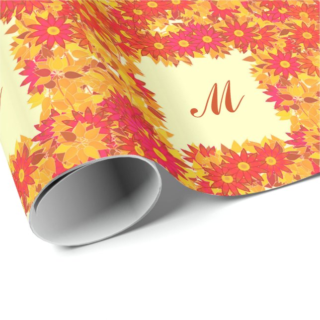 Papier Cadeau Monogramme encadré de fleurs - rouge et or (Coin rond)