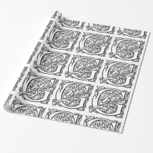 Papier Cadeau Monogramme G Modèle floral noir et blanc initial