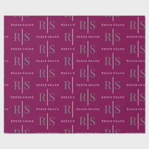 Papier Cadeau Monogramme gris élégant & nom blanc, bordeaux