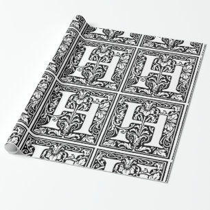 Papier Cadeau Monogramme H Modèle floral noir et blanc initial