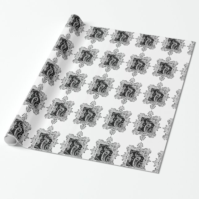 Papier Cadeau Monogramme H Modèle floral noir et blanc initial (Déroulé)