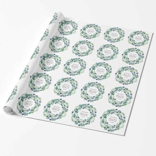 Papier Cadeau Monogramme Mariage de la couronne de feuillage Euc (Déroulé)