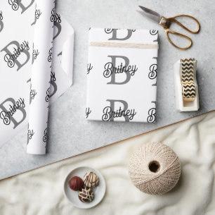 Papier Cadeau Monogramme moderne élégant Nom noir Gris noir Scri