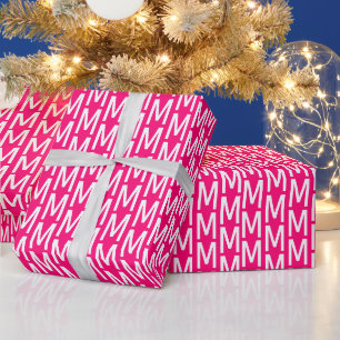 Papier Cadeau monogramme moderne rose fuchsia blanc personnalisé