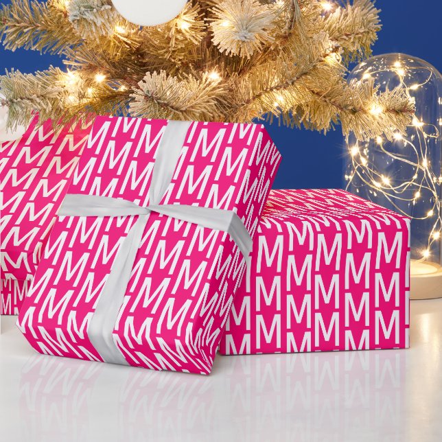 Papier Cadeau monogramme moderne rose fuchsia blanc personnalisé (Vacances)