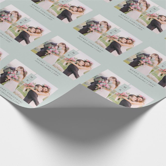 Papier Cadeau Monogramme moderne | Sage Green Noël avec photos (Coin)