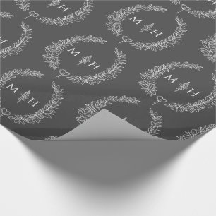 Papier Cadeau Monogramme ovale feuille dessin gris foncé sur bla