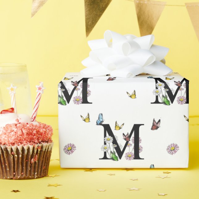 Papier Cadeau Monogramme papillon aquarelle florale lettre M (Fête d'anniversaire)