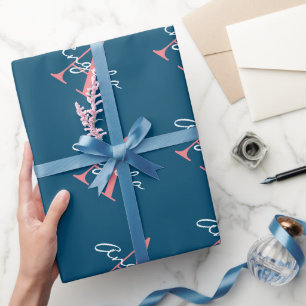 Papier Cadeau Monogramme personnalisé bleu et rose chic Noël