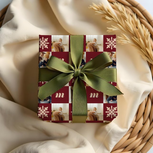 Papier Cadeau Monogramme photo personnalisée À damiers Retro (Retro Chequered Pattern Custom Photo Monogram Wrapping Paper)