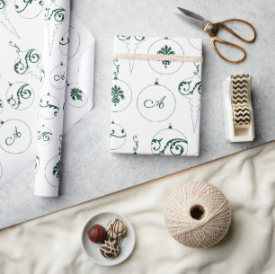 Papier Cadeau Monogramme vert Bauble Ornements Motif Noël