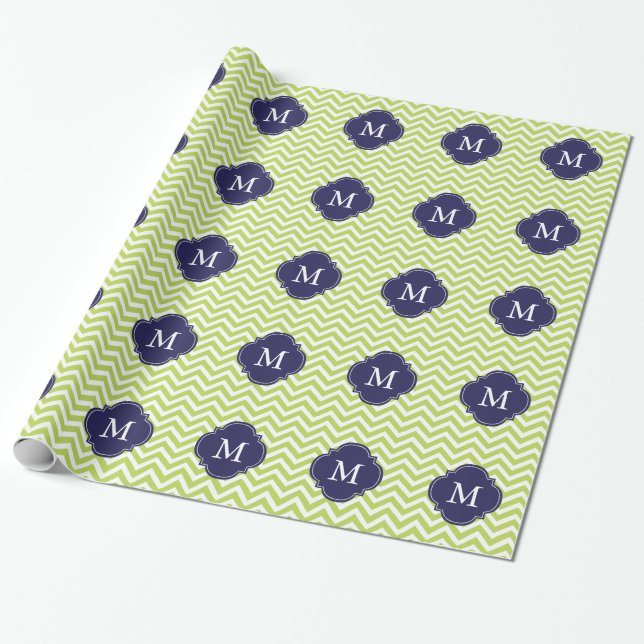 Papier Cadeau Monogramme vert et bleu de kiwi de zigzags de (Déroulé)