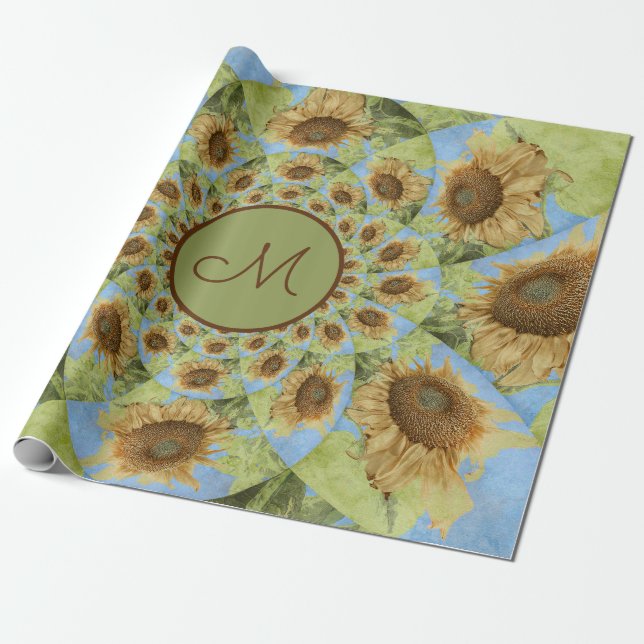 Papier Cadeau Monogramme vert jaune floral du pays de tournesol (Déroulé)