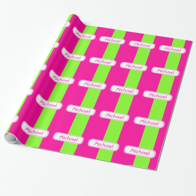 Papier Cadeau Monogramme vert rose rose néon moderne (Déroulé)
