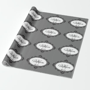 Papier Cadeau Monogramme Vintage minimaliste noir et blanc Damas