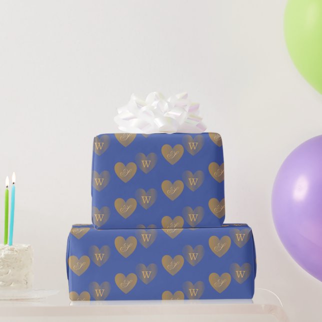 Papier Cadeau Monogrammes personnalisés, deux coeurs d'or sur le (Cadeaux de fête)