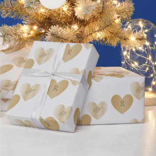 Papier Cadeau Monogrammes Personnalisés, Doublez les Cœurs Dorés