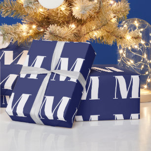 Papier Cadeau Monographie initiale marine moderne bleu & blanc p