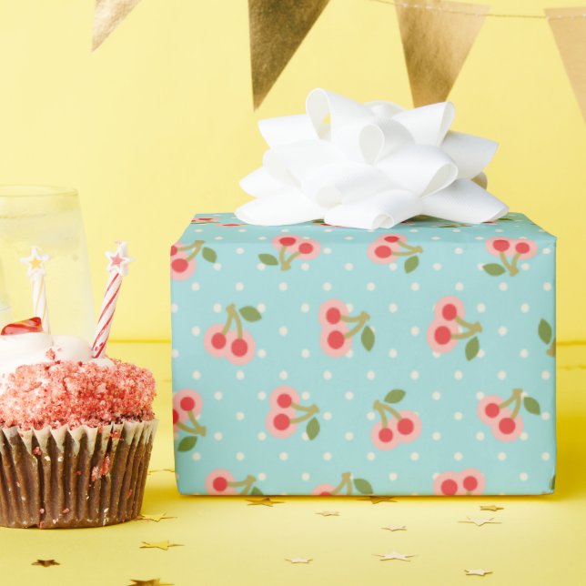 Papier Cadeau Monographie motif de cerisier turquoise (Fête d'anniversaire)