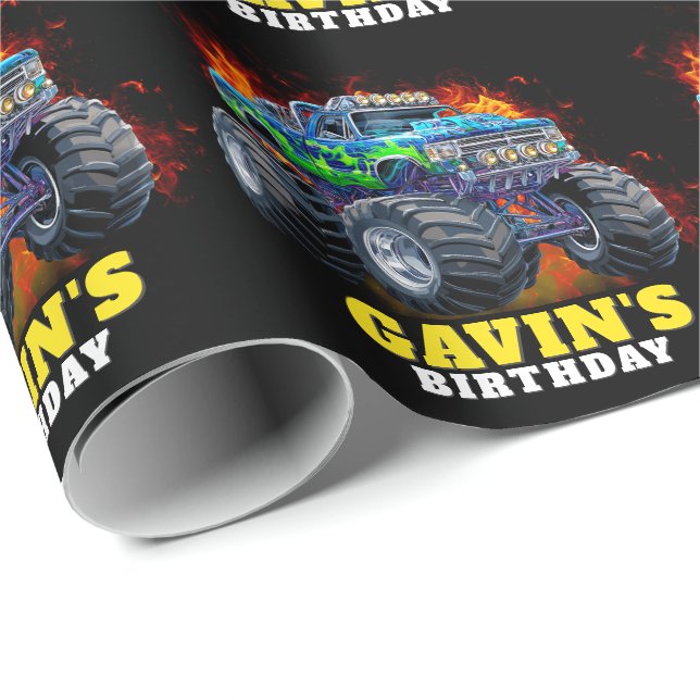 Papier Cadeau Monster Truck Personnalisé Anniversaire Fête (Coin rond)