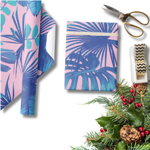 Papier Cadeau Monstera Bleu Tropical & Feuilles de Palmier Rose