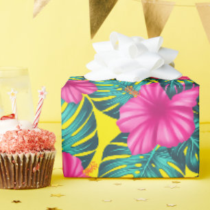 Papier Cadeau Monstera Feuilles et Hibiscus, rose Turquoise sur