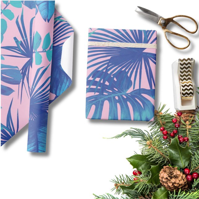 Papier Cadeau Monstère Bleue Tropicale & Palm Feuille rose (Créateur téléchargé)