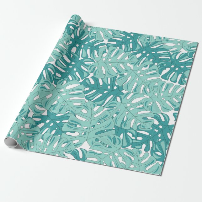 Papier Cadeau Monstère tropicale Laisser bleu et blanc Aquarelle (Déroulé)