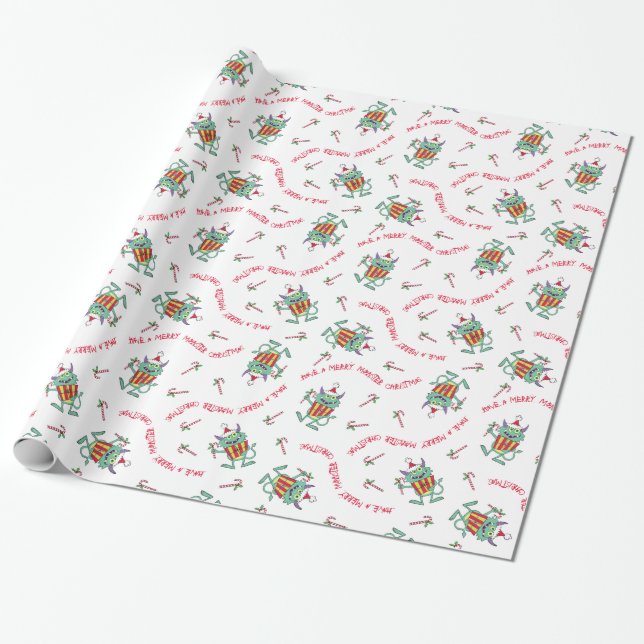 Papier Cadeau Monstre de Noël avec le cadeau (Déroulé)