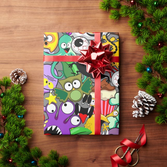 Papier Cadeau Monstres caractères mignons Motif d'Halloween (Cadeau de vacances)