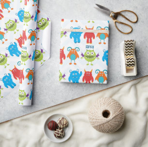 Papier Cadeau Monstres heureux colorés avec Motif de nom d'enfan