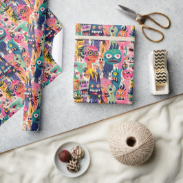 Papier Cadeau Monstres psychédéliques colorés