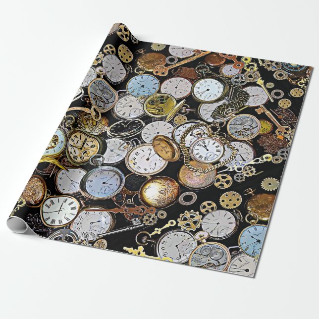 Papier Cadeau Montres De Poche À Thème Steampunk, Équipements, H (Déroulé)