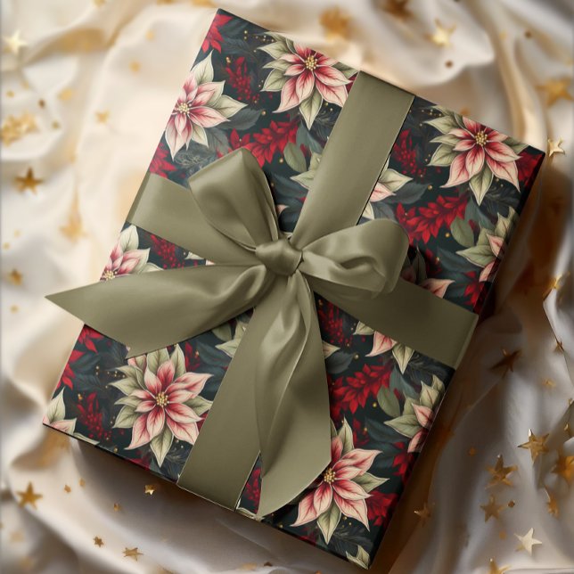 Papier Cadeau Moody foncé Poinsettia vacances d'hiver florales (Elegant Dark and Moody Poinsettia Floral Christmas and Winter Holiday Wrapping Paper)