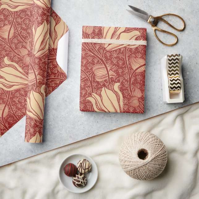 Papier Cadeau Morris Inspiré Lily Flower Botanique Rouge Textile (Artisanat)