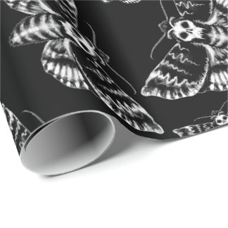 Papier Cadeau Morts noires et grises Tête Faucon Moth Crâne Goth