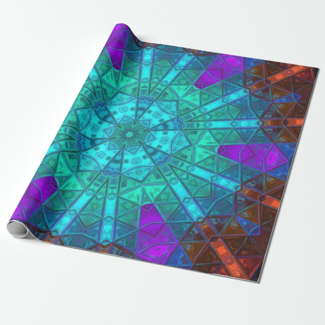 Papier Cadeau Mosaic Kaleidoscope Fleur Bleu pourpre et rouge (Déroulé)