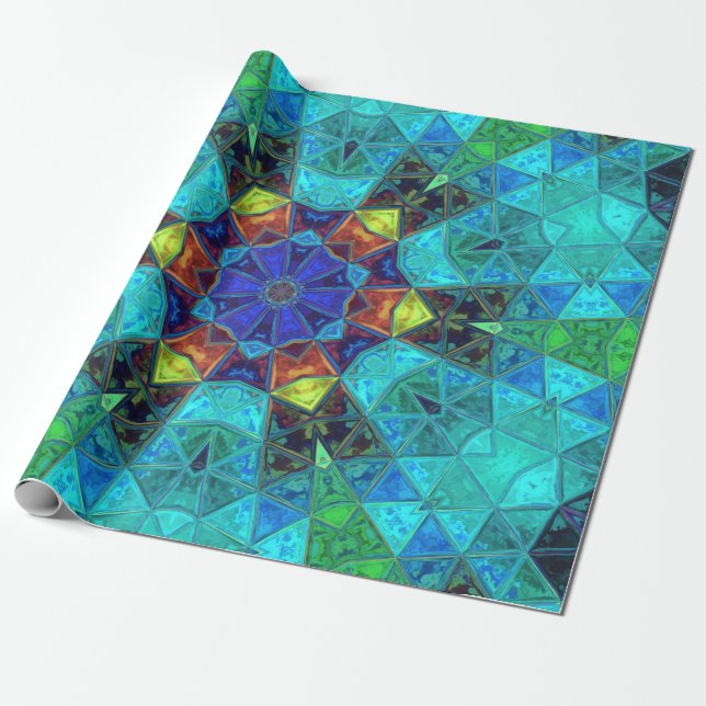 Papier Cadeau Mosaic Kaleidoscope Fleur Bleu Vert et Orange (Déroulé)