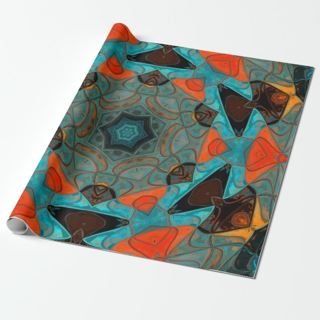 Papier Cadeau Mosaic Mandala Flower bleu et orange (Déroulé)