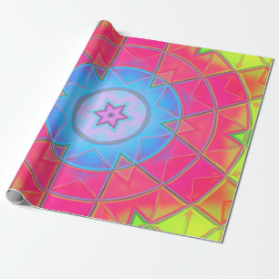 Papier Cadeau Mosaïque Kaleidoscope Fleur Bleu rose et jaune