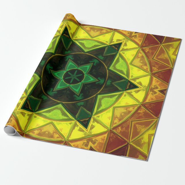 Papier Cadeau Mosaïque Kaleidoscope Fleur vert et jaune (Déroulé)