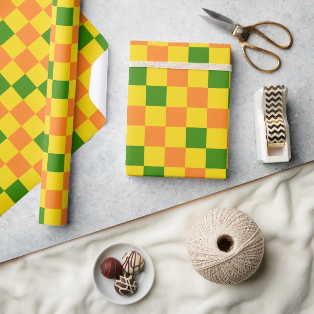 Papier Cadeau Motif à carreaux rouge orange rose  (Artisanat)