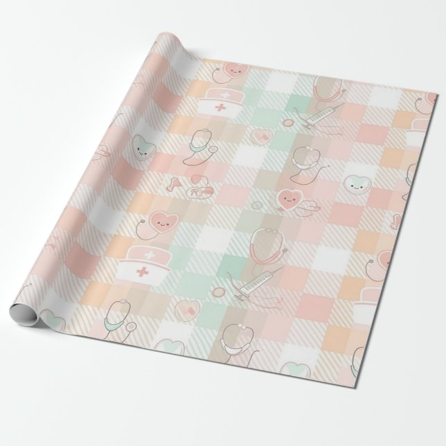 Papier Cadeau Motif à carreaux Vie d'infirmière pastel (Déroulé)