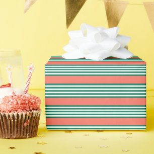 Papier Cadeau Motif à cinq bandes vert et blanc avec corail