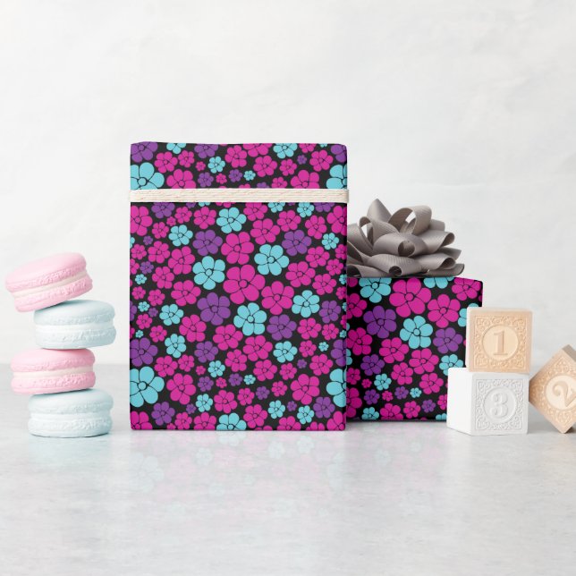 Papier Cadeau Motif à fleurs - rose, violet, bleu et noir (Baby Shower)