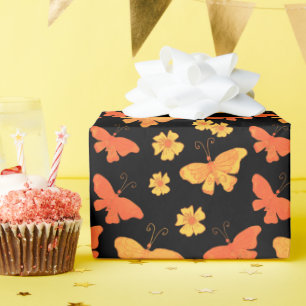 Papier Cadeau Motif à papillon à main rétrospectif Orange et or
